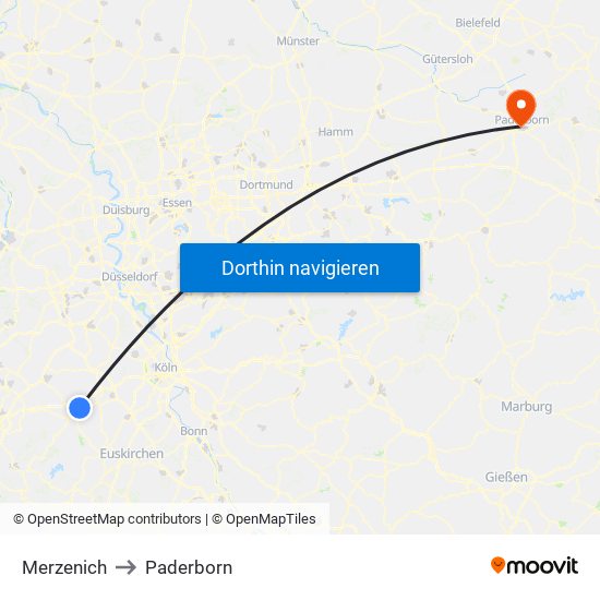Merzenich to Paderborn map