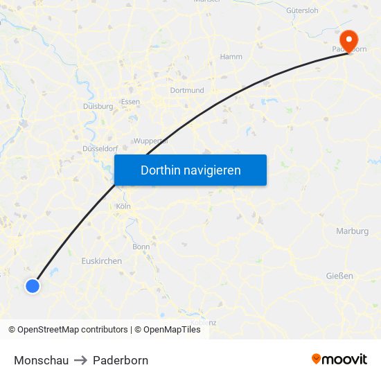 Monschau to Paderborn map