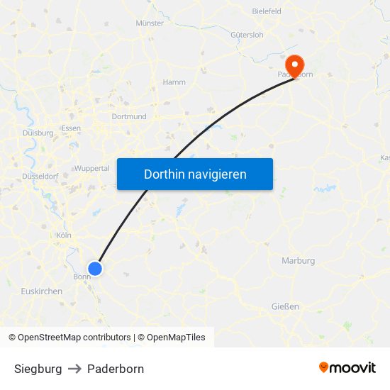 Siegburg to Paderborn map