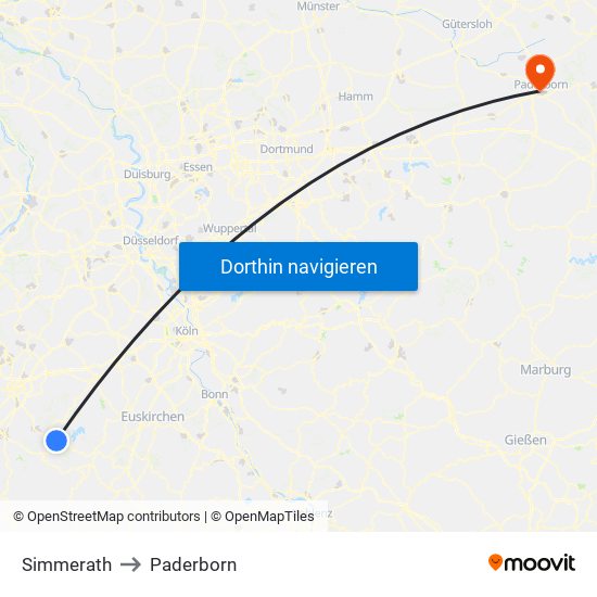 Simmerath to Paderborn map