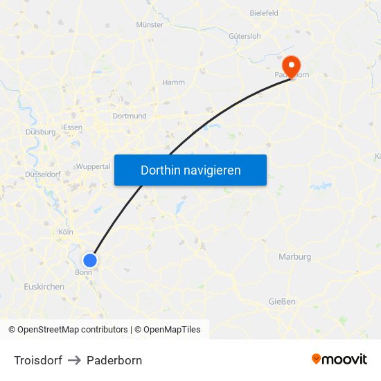 Troisdorf to Paderborn map