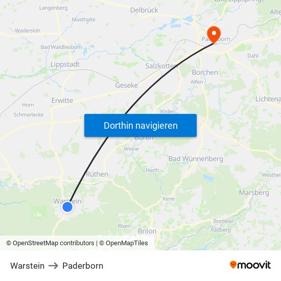 Warstein to Paderborn map