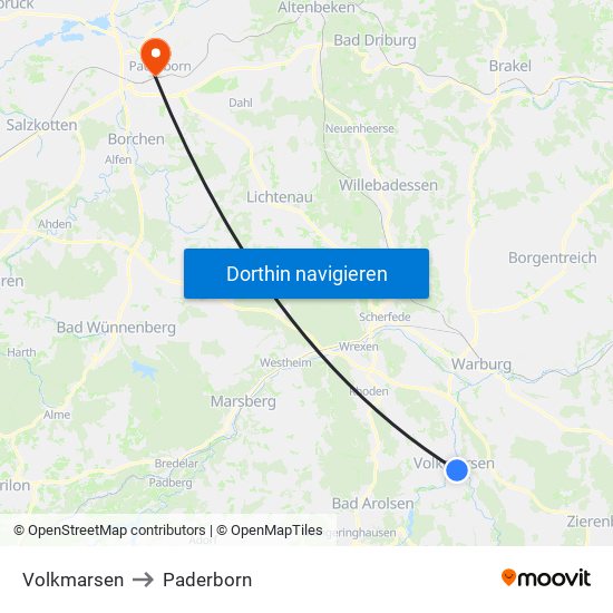 Volkmarsen to Paderborn map