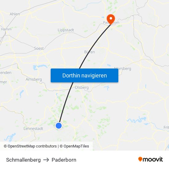 Schmallenberg to Paderborn map