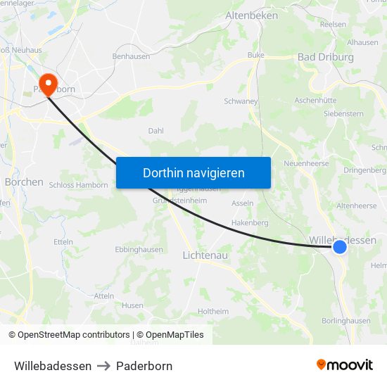 Willebadessen to Paderborn map