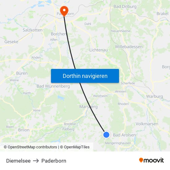 Diemelsee to Paderborn map