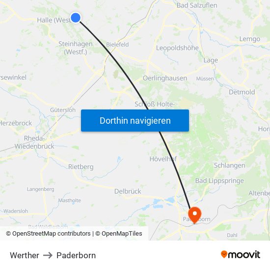 Werther to Paderborn map