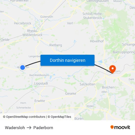 Wadersloh to Paderborn map