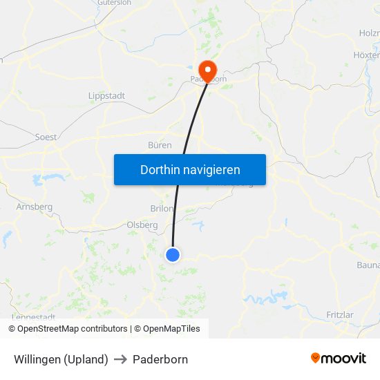 Willingen (Upland) to Paderborn map