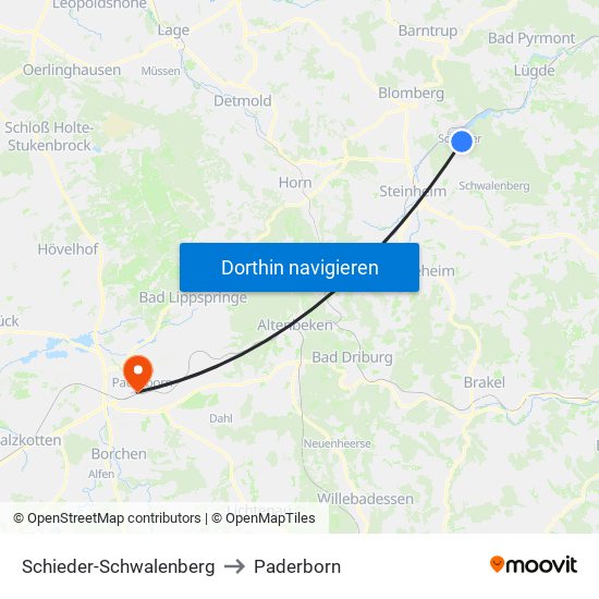 Schieder-Schwalenberg to Paderborn map