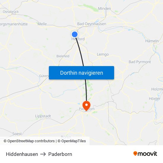 Hiddenhausen to Paderborn map