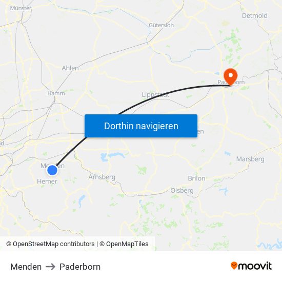 Menden to Paderborn map