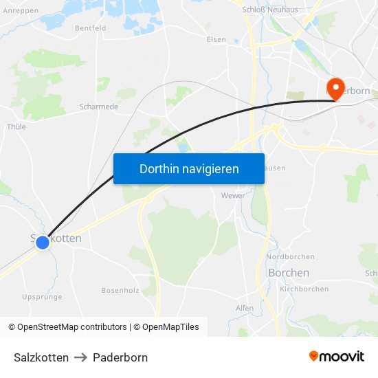 Salzkotten to Paderborn map