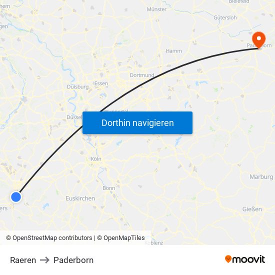 Raeren to Paderborn map