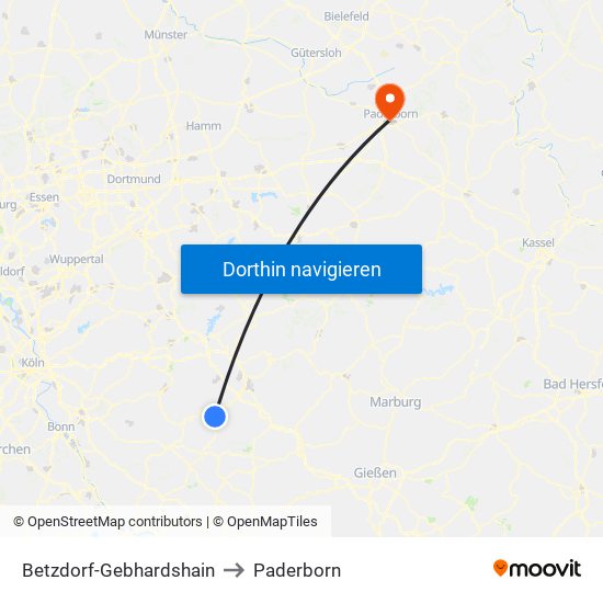 Betzdorf-Gebhardshain to Paderborn map