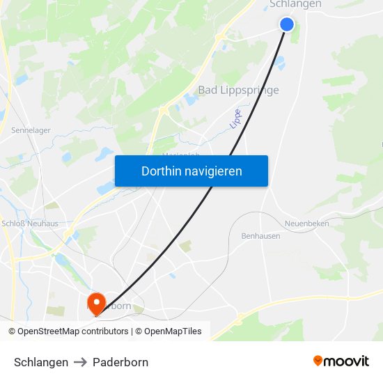 Schlangen to Paderborn map