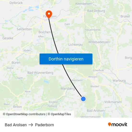 Bad Arolsen to Paderborn map