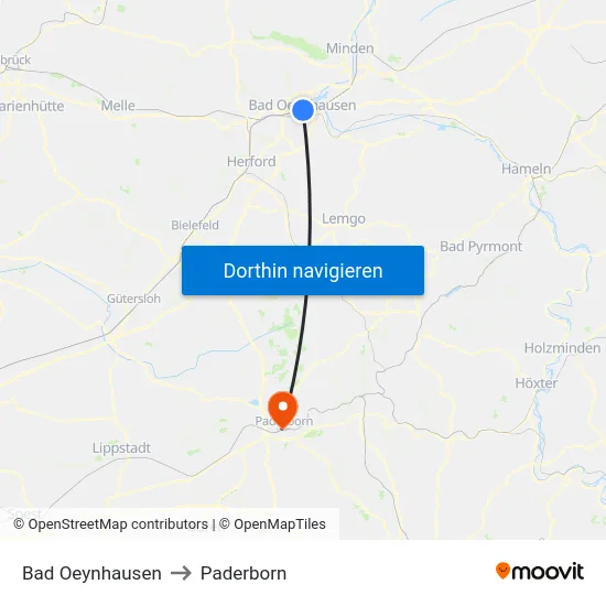 Bad Oeynhausen to Paderborn map