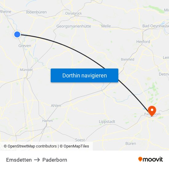 Emsdetten to Paderborn map