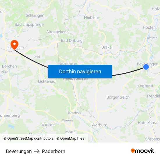 Beverungen to Paderborn map