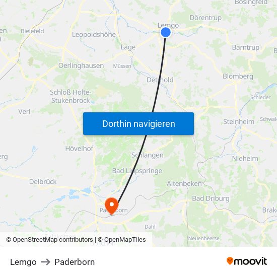 Lemgo to Paderborn map
