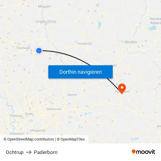 Ochtrup to Paderborn map