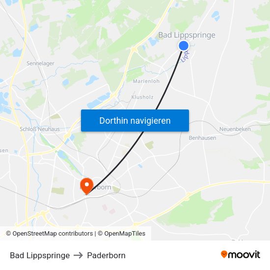 Bad Lippspringe to Paderborn map