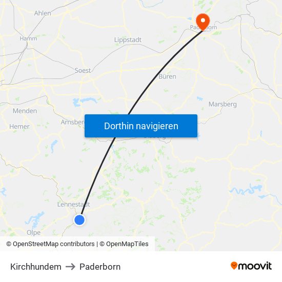 Kirchhundem to Paderborn map