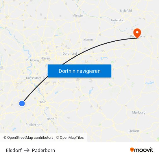Elsdorf to Paderborn map