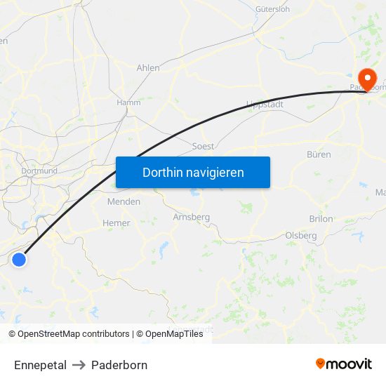 Ennepetal to Paderborn map