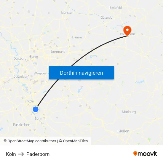 Köln to Paderborn map