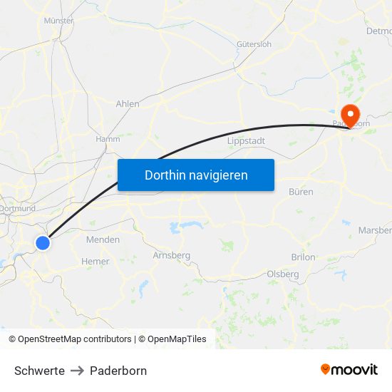 Schwerte to Paderborn map
