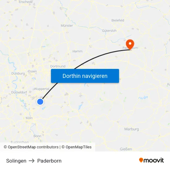 Solingen to Paderborn map