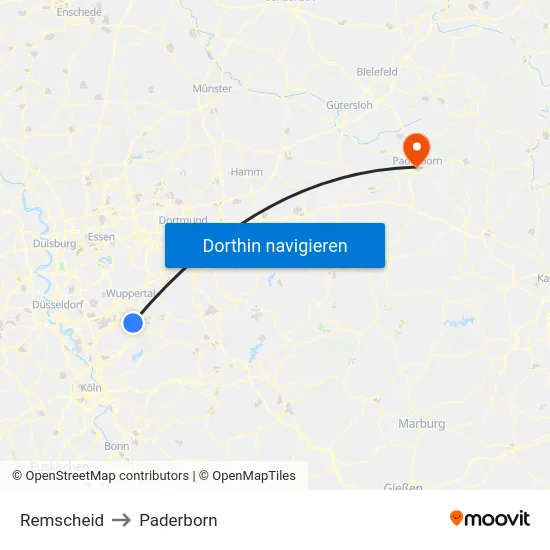 Remscheid to Paderborn map
