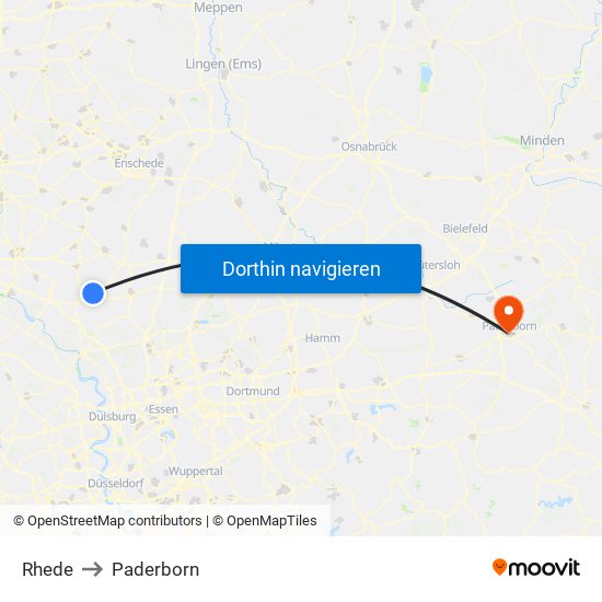 Rhede to Paderborn map