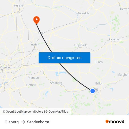 Olsberg to Sendenhorst map