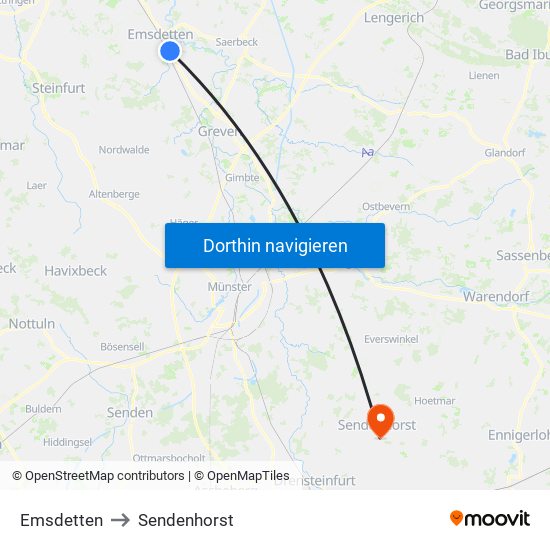 Emsdetten to Sendenhorst map