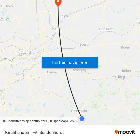 Kirchhundem to Sendenhorst map