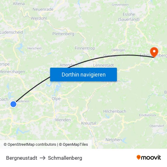 Bergneustadt to Schmallenberg map