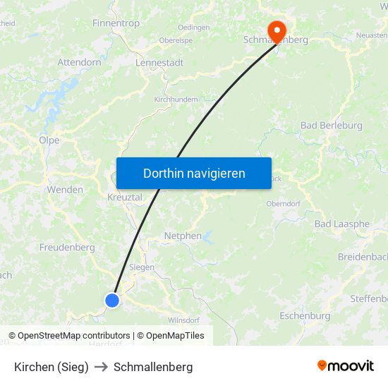 Kirchen (Sieg) to Schmallenberg map
