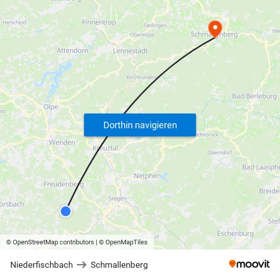 Niederfischbach to Schmallenberg map