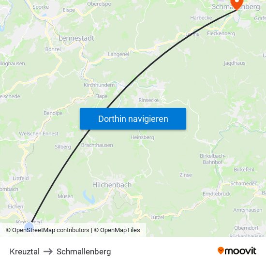 Kreuztal to Schmallenberg map