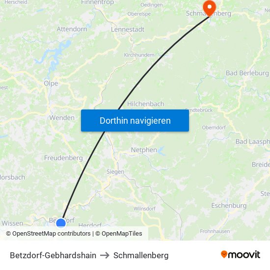Betzdorf-Gebhardshain to Schmallenberg map