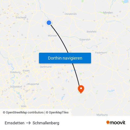 Emsdetten to Schmallenberg map