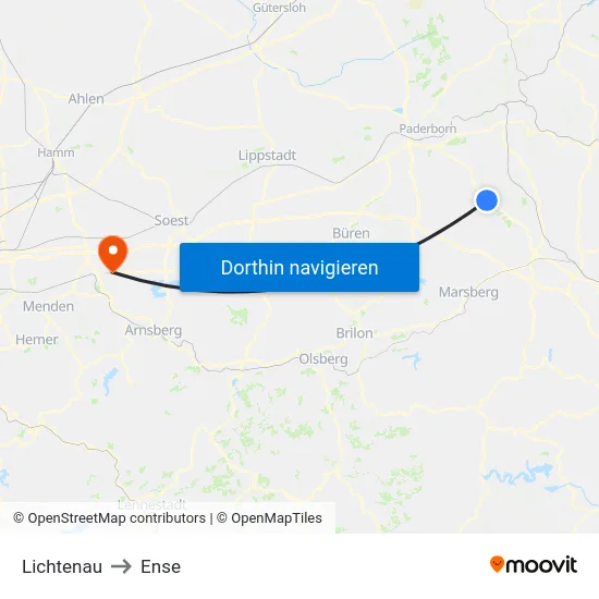 Lichtenau to Ense map