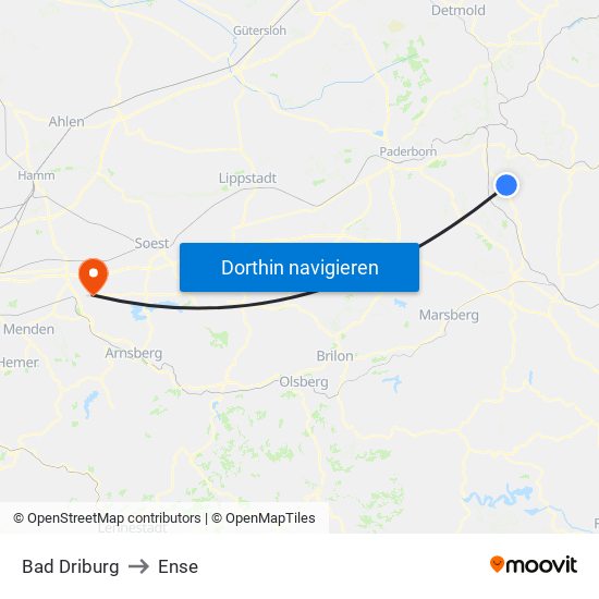 Bad Driburg to Ense map