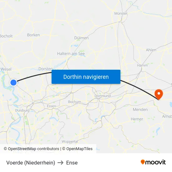 Voerde (Niederrhein) to Ense map