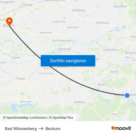 Bad Wünnenberg to Beckum map