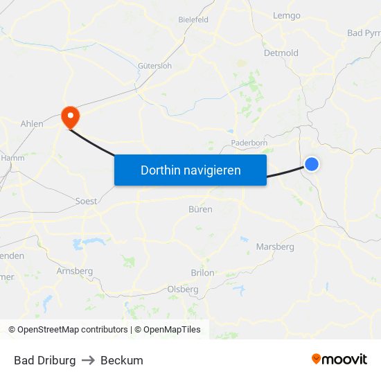 Bad Driburg to Beckum map