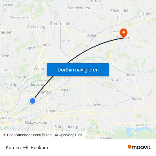 Kamen to Beckum map